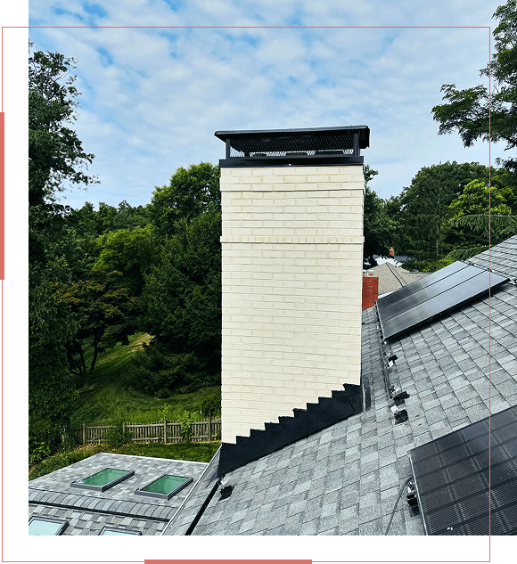 A white brick chimney on a gray slate roof with a scenic green backdrop.